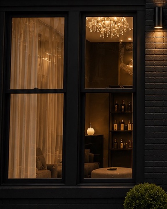 A warmly lit lounge seen through the front windows, with a crystal chandelier and sheer curtains.