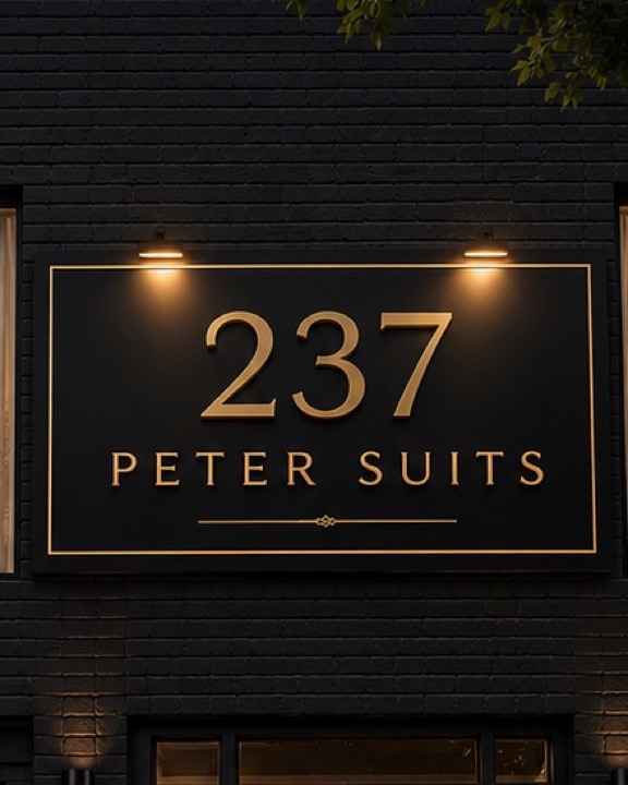 The gold-lettered sign at 237, lit by two picture lights against black brick.