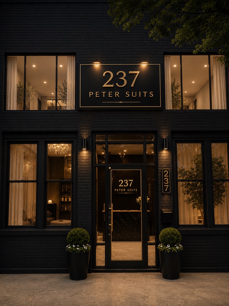 Peter Suites storefront at dusk, with black brick, gold signage and warm lights.